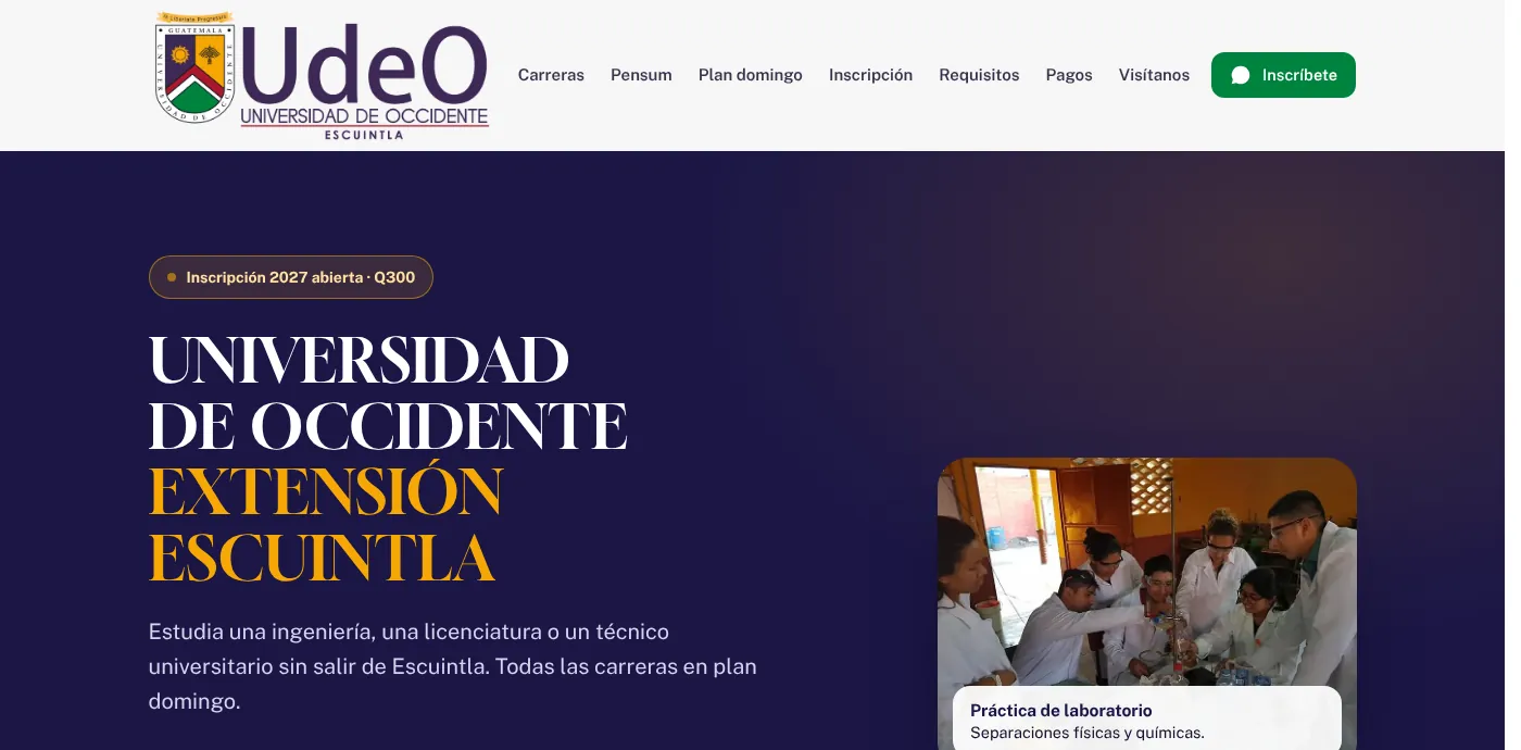 Home page of Universidad de Occidente, Escuintla